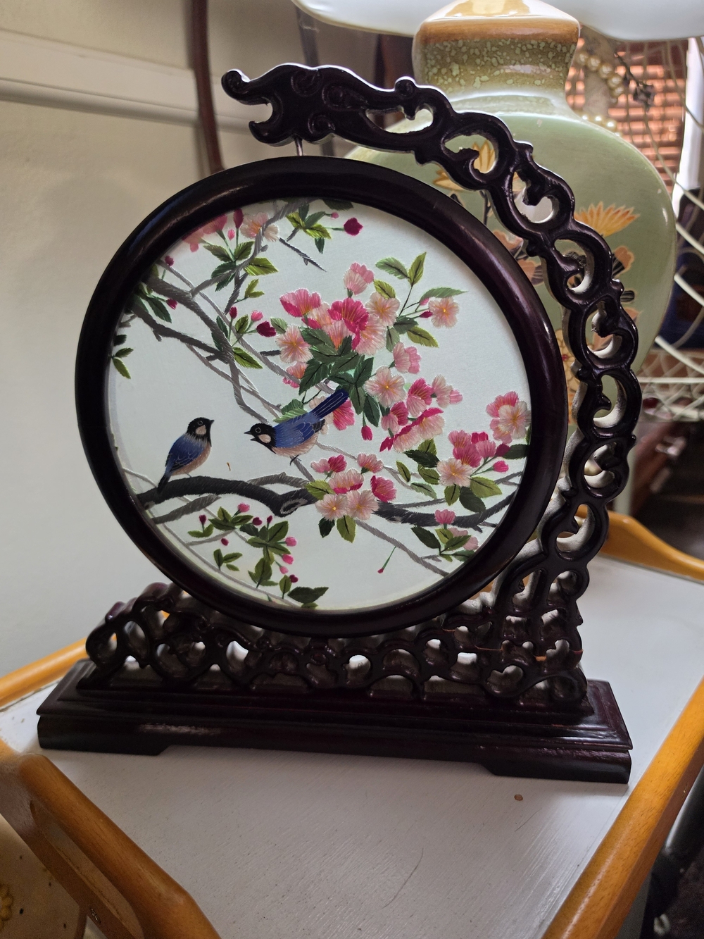 Hand-Painted Floral & Bird Embroidered Screen - Dark Cherry Wood Frame